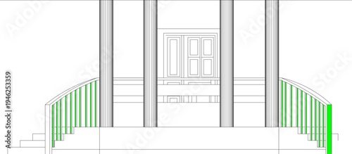 Technical architectural elevation showing grand entrance with symmetrical curved staircases featuring green balustrades, classical columns and central paneled door.
