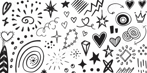 Collection of hand drawn doodle shapes and patterns in black and white