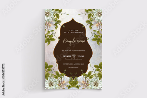 WEDDING INVITATION FRAME WITH FLOWER DECORATIONS AND FRESH LEAVES