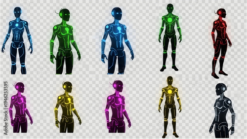 AI Robot Assistant Neon Silhouettes, Humanoid Robot PNG Set of Poses for Futuristic
