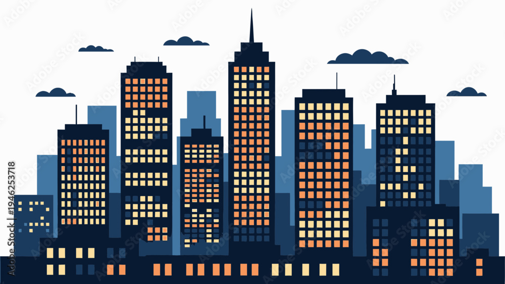 Obraz premium Flat Design Cityscape with Illuminated Windows vector illustration