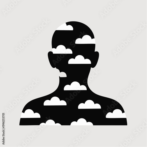 black silhouette of a person with white clouds