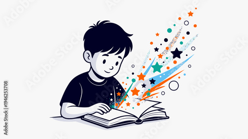 Boy Reading a Book with Imagination vector illustration