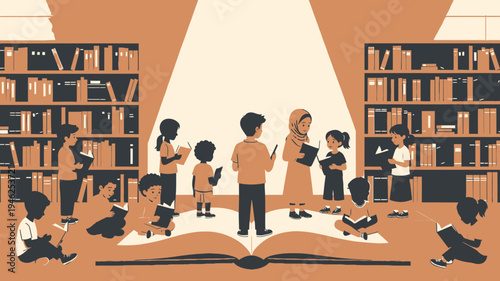 Children Reading in a Bookstore or Library vector illustration