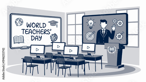 World Teacher's Day Online Classroom vector illustration