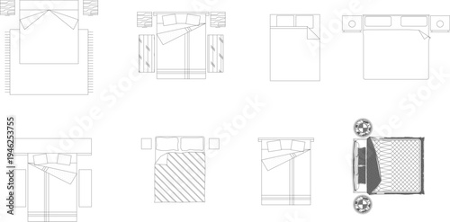 Technical architectural furniture blocks showing various bed layouts in plan view including single, double beds with headboards, nightstands, plants and patterned bedding.