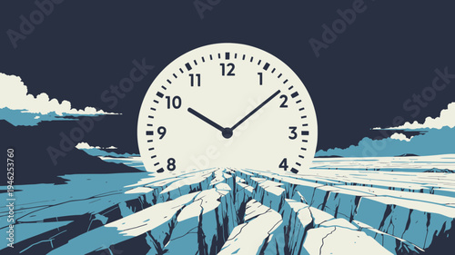 Surreal Clock Above Cracked Ice Landscape vector illustration