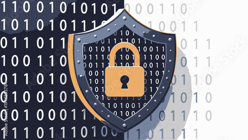 Cyber Security Shield with Padlock and Binary Code Background vector illustration