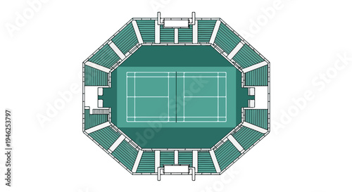 Overhead view of an indoor tennis court with seating area, featuring a green floor and white markings.