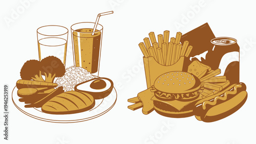 Healthy and Unhealthy Food Choices Comparison vector illustration