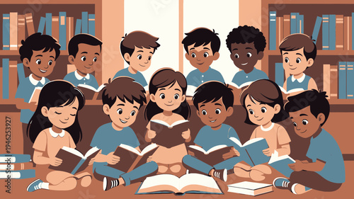 Diverse Children Reading Together in a Library vector illustration
