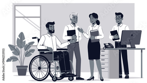 Inclusive Workplace with Person in Wheelchair Discussing with Colleagues vector illustration