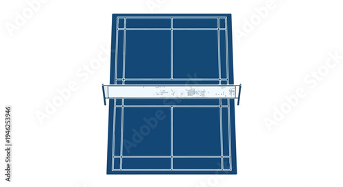 Top-down view of a blue double oven with white lines and a white control panel on a plain white background.