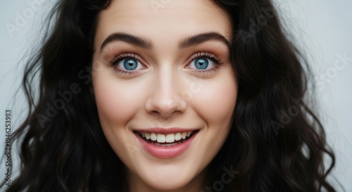 Close-up portrait of a young woman with beautiful blue eyes and a wide, joyful smile showcasing her teeth, her dark curly hair framing her face