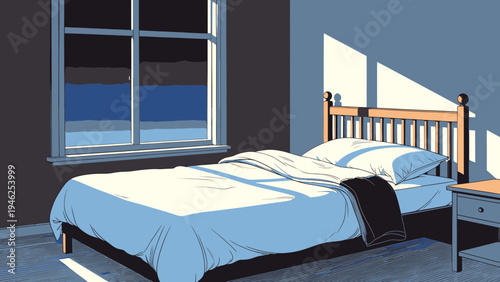 Sunlit Bedroom Interior with Wooden Bed and Nightstand vector illustration