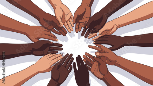Circle of Diverse Hands in Unity and Collaboration vector illustration