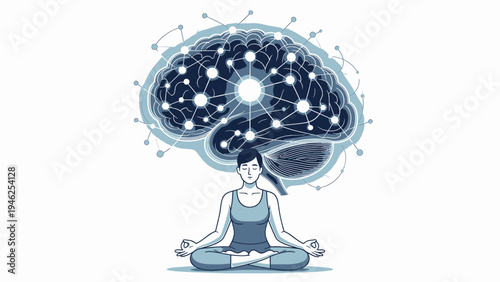 Woman Meditating Under Digital Brain Concept vector illustration