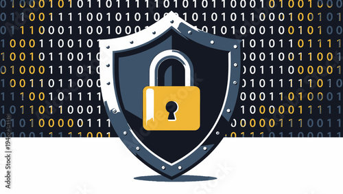 Data Security Shield with Padlock and Binary Code vector illustration