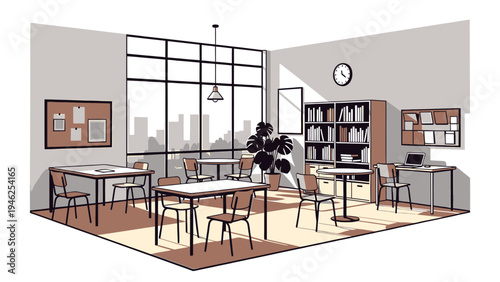 Modern Co-working Space with City View vector illustration