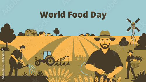 World Food Day Landscape with Farmers vector illustration