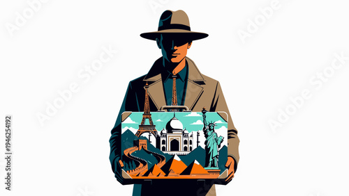 Globetrotter with Landmark Suitcase vector illustration
