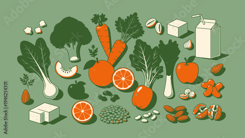 Healthy Vegan Food Composition Flat Lay vector illustration