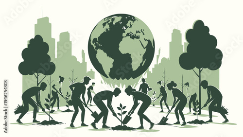 Volunteers Planting Trees for Earth Day vector illustration