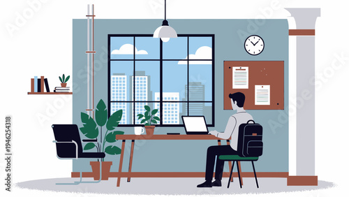 Man Working at Desk in Modern Office vector illustration