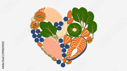 Heart Shaped Assortment of Healthy Foods vector illustration