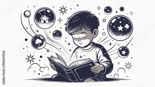 Boy Reading and Dreaming of Adventure vector illustration