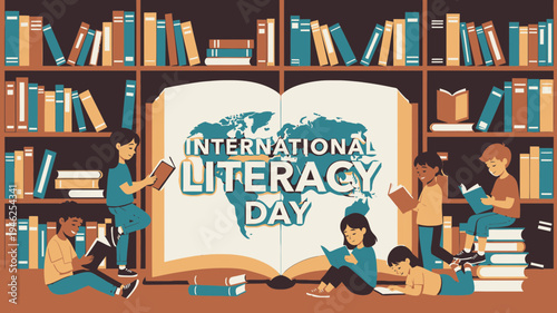 International Literacy Day Concept with Children Reading vector illustration