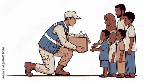 Aid Worker Distributing Water to Family vector illustration