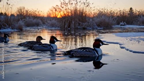 Wallpaper Mural Tranquil sunrise scene with a group of elegant smew ducks swimming on a calm water surface Torontodigital.ca