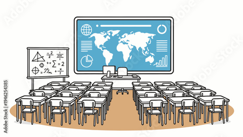 Empty Classroom with Desks and Global Map vector illustration