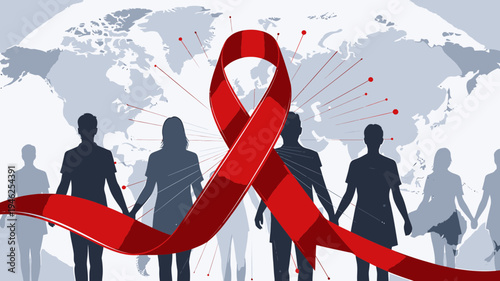 World Aids Day Awareness Ribbon with Silhouettes vector illustration