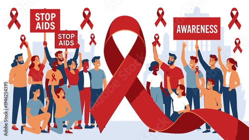 Aids Awareness Rally with Diverse Group of People vector illustration