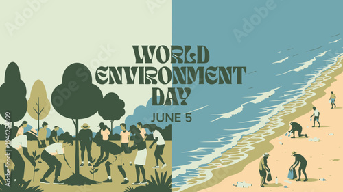 World Environment Day Graphic with People Cleaning vector illustration