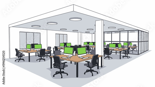 Modern Open Office Space Interior Design vector illustration