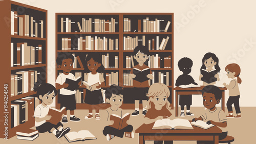 Children Reading in a Library Illustration vector illustration