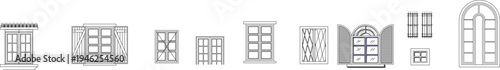 Technical architectural elevation drawings showing various window designs including sash, casement with shutters, arched, decorative muntins and grid patterns.