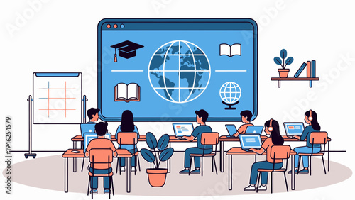 Students Learning Online in Classroom vector illustration