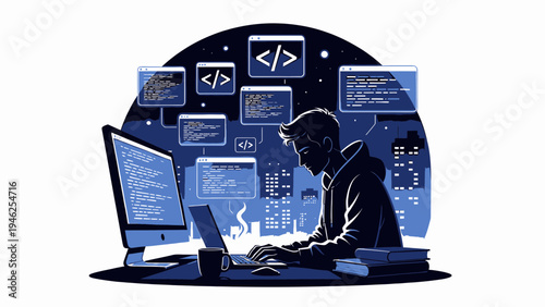 Software Developer Coding at Night vector illustration