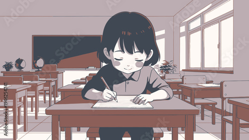 Cute Anime Student Concentrating on Homework vector illustration