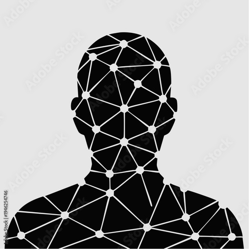 Black silhouette of human head and shoulders with white geometric netw