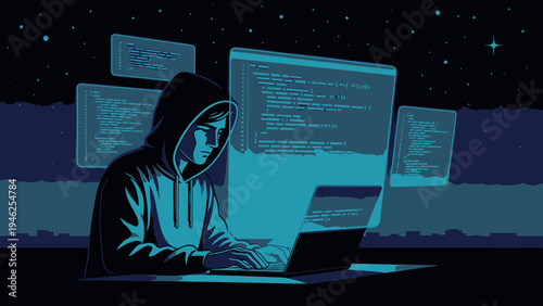 Hacker Coding with Multiple Screens at Night vector illustration