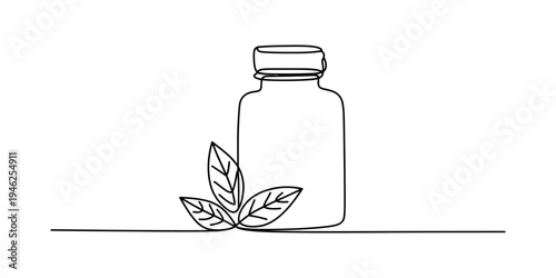 Continuous one line drawing of a medicine bottle with leaves for natural herbal remedy concept Vector, illustration