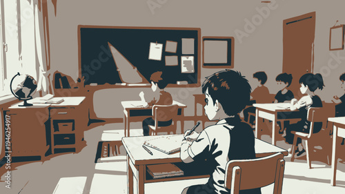 Vintage School Classroom Interior with Students vector
