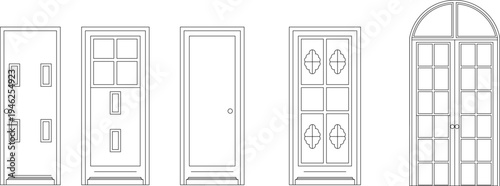 Technical architectural elevation drawings showing five door designs including modern panel, traditional glazed, flush, decorative paneled and arched French doors.