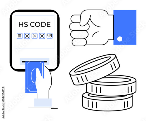 Trade compliance, financial management, transactions, customs, digital payments, monetary systems. Visuals include a hand holding cash, a customs classification code and coins. Trade compliance