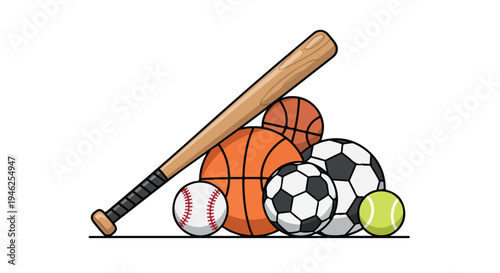 Flat lay illustration of sports equipment including a baseball bat, basketball, soccer ball, tennis ball, baseball, and football on a white background with a playful and vibrant mood.